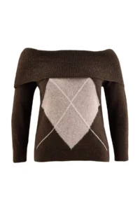 Trendyol Curve Brown Baklava Patterned Woolly Soft Carmen Collar Knitwear Sweater