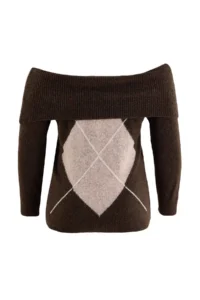 Trendyol Curve Brown Baklava Patterned Woolly Soft Carmen Collar Knitwear Sweater - Image 3