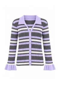Trendyol Curve Lilac Striped Polo Shirt Collar Jewelry buttoned Fitted Plus Size Knitwear Sweater