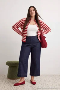 Trendyol Curve NAVY BLUE High Waist Wide Leg Accessory Detailed Plus Size Weaving Pants
