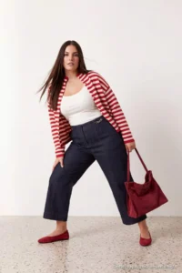 Trendyol Curve NAVY BLUE High Waist Wide Leg Accessory Detailed Plus Size Weaving Pants - Image 3