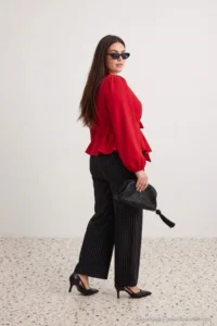 Trendyol Curve Black Striped Straight Fit High Waist Knitting Pants - Image 3
