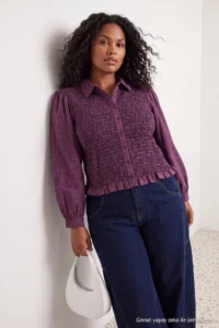 Trendyol Curve Multicolored Plaid/Checkered Ruffle Detailed Plus Size Weaving Shirt