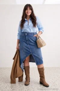 Trendyol Curve BLUE Regular Waist Skirt Ucu Asymmetric DENIM Plus Size Skirt