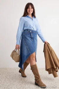 Trendyol Curve BLUE Regular Waist Skirt Ucu Asymmetric DENIM Plus Size Skirt - Image 3