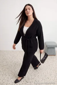 Trendyol Curve Black Lace Soft textured Knitwear Plus Size Bottom - Top Set