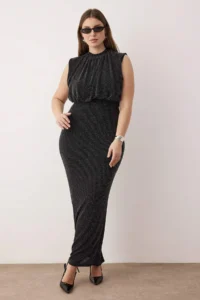 Trendyol Curve Black Tulle Knitting Maxi Length Plus Size Dress - Image 2
