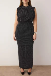 Trendyol Curve Black Tulle Knitting Maxi Length Plus Size Dress - Image 4