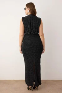 Trendyol Curve Black Tulle Knitting Maxi Length Plus Size Dress - Image 6