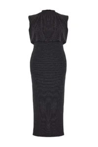 Trendyol Curve Black Tulle Knitting Maxi Length Plus Size Dress - Image 7