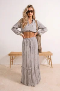 TRENDYOLMİLLA Mink Weaving Maxi 100% Cotton Beach Blouse Pants Set