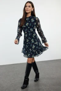 TRENDYOLMİLLA Dark NAVY Floral A-Cut/Life Form Short / Mini Weaving Siphon Dress