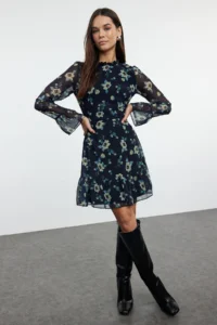 TRENDYOLMİLLA Dark NAVY Floral A-Cut/Life Form Short / Mini Weaving Siphon Dress - Image 2