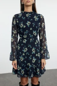 TRENDYOLMİLLA Dark NAVY Floral A-Cut/Life Form Short / Mini Weaving Siphon Dress - Image 3