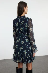 TRENDYOLMİLLA Dark NAVY Floral A-Cut/Life Form Short / Mini Weaving Siphon Dress - Image 5