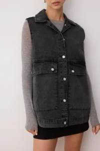 TRENDYOLMİLLA Anthracite Shirt Collar Pocket Detail 100% Cotton DENIM Vest Jacket - Image 2