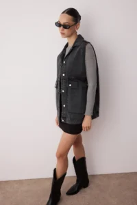 TRENDYOLMİLLA Anthracite Shirt Collar Pocket Detail 100% Cotton DENIM Vest Jacket - Image 3