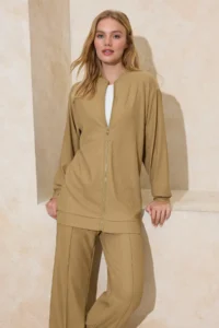 Trendyol Modest Khaki Oversized textured Zippered Tracksuit - Image 2