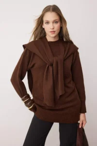 TRENDYOLMİLLA Brown Shawl Collar Detailed Knitwear Sweater - Image 2