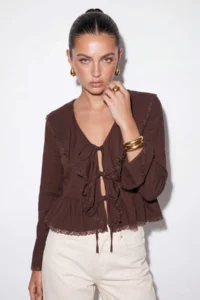 TRENDYOLMİLLA Brown V-neck Front tied up Lace Detailed Blouse - Image 2