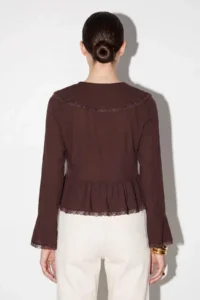 TRENDYOLMİLLA Brown V-neck Front tied up Lace Detailed Blouse - Image 3