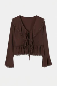 TRENDYOLMİLLA Brown V-neck Front tied up Lace Detailed Blouse - Image 4