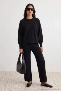 TRENDYOLMİLLA Black Wide Pattern Basic Knitwear Bottom - Top Set - Image 3