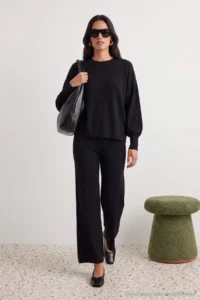 TRENDYOLMİLLA Black Wide Pattern Basic Knitwear Bottom - Top Set - Image 6