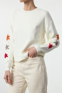 TRENDYOLMİLLA Ecru Floral Embroidered Knitwear Sweater