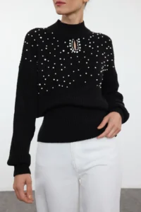 TRENDYOLMİLLA Black Stone And Pearl Detailed Knitwear Sweater - Image 2