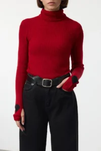 TRENDYOLMİLLA Red High Neck Sleeve Detailed Knitwear Sweater