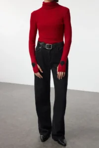 TRENDYOLMİLLA Red High Neck Sleeve Detailed Knitwear Sweater - Image 2