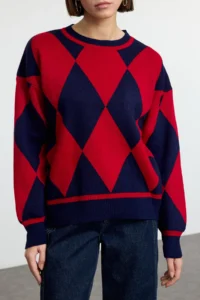 TRENDYOLMİLLA NAVY BLUE Baklava Patterned Crew Neck Knitwear Sweater - Image 2