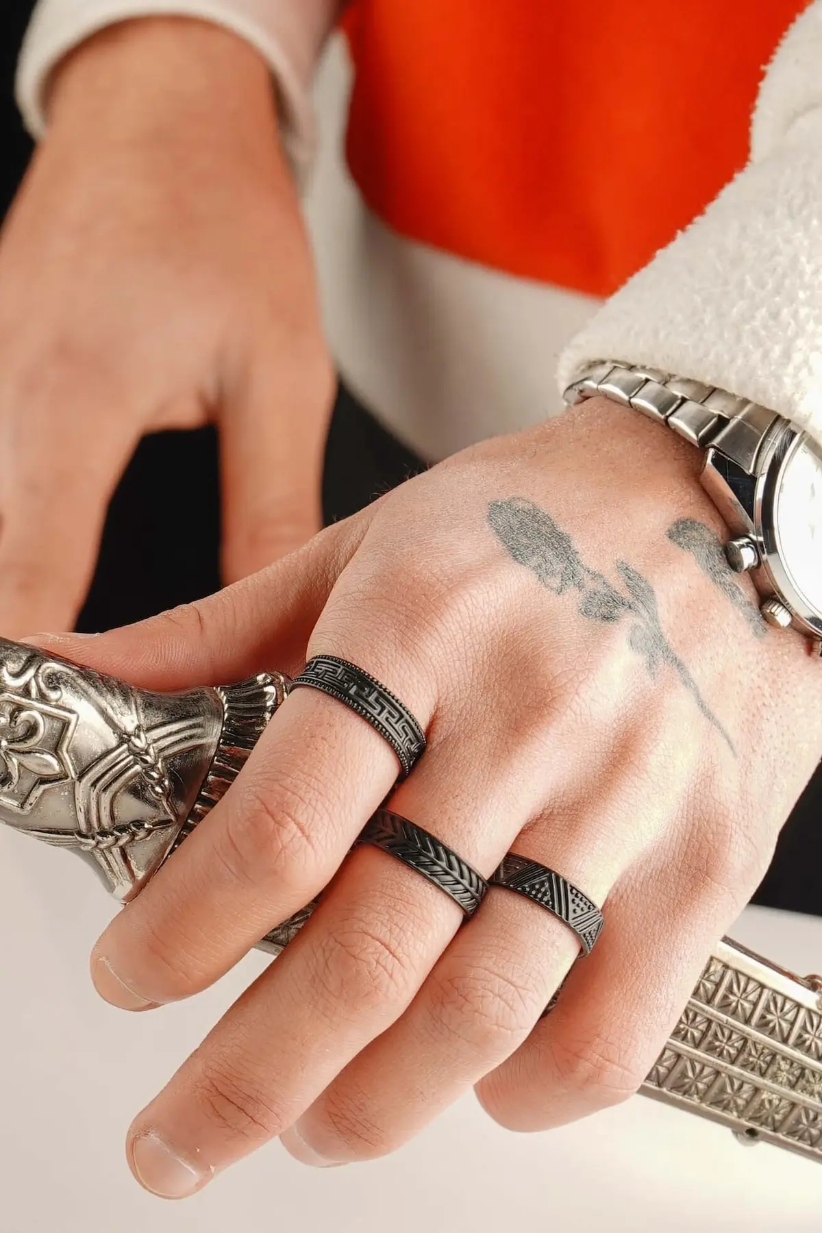 The Collection Unisex Black Kaplama Adjustable 3 Sets Ring Set