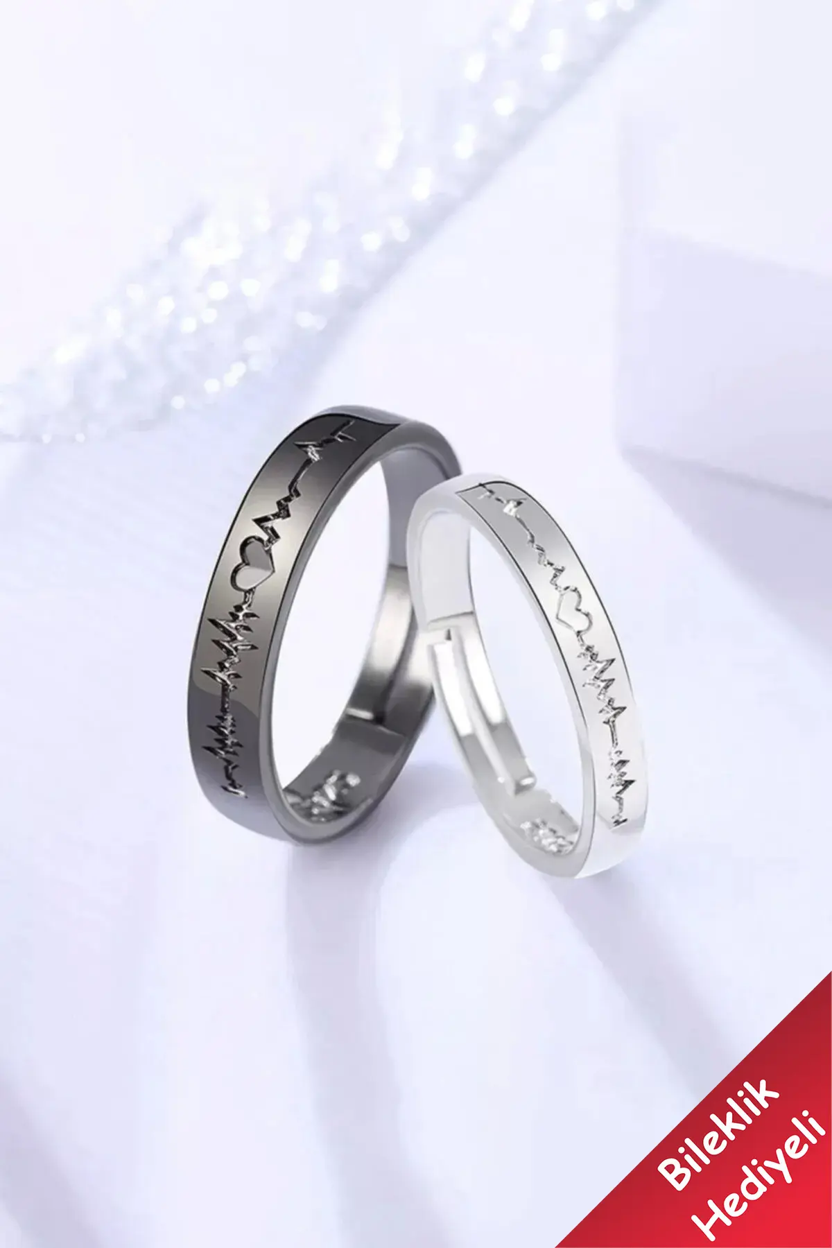 The Collection Heartbeat Couple Ring Wedding Ring Set of 2 Silver Plated Adjustable Rings