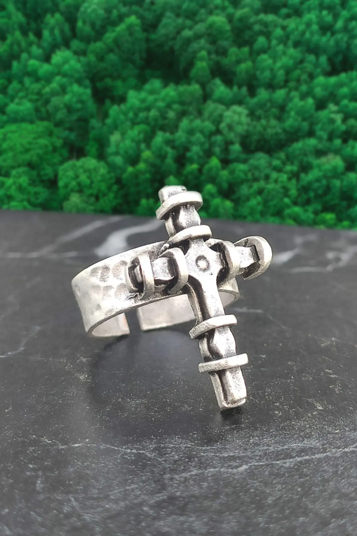 The Collection Antique Cross Figure Rope Detail Matte Silver Plated Adjustable Ring