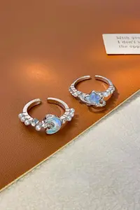The Collection Set of 2 Blue Opal Moon and Star Figure Adjustable Women's Rings (2 RINGS) - Image 2