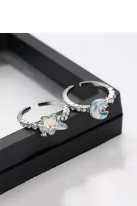 The Collection Set of 2 Blue Opal Moon and Star Figure Adjustable Women's Rings (2 RINGS) - Image 4