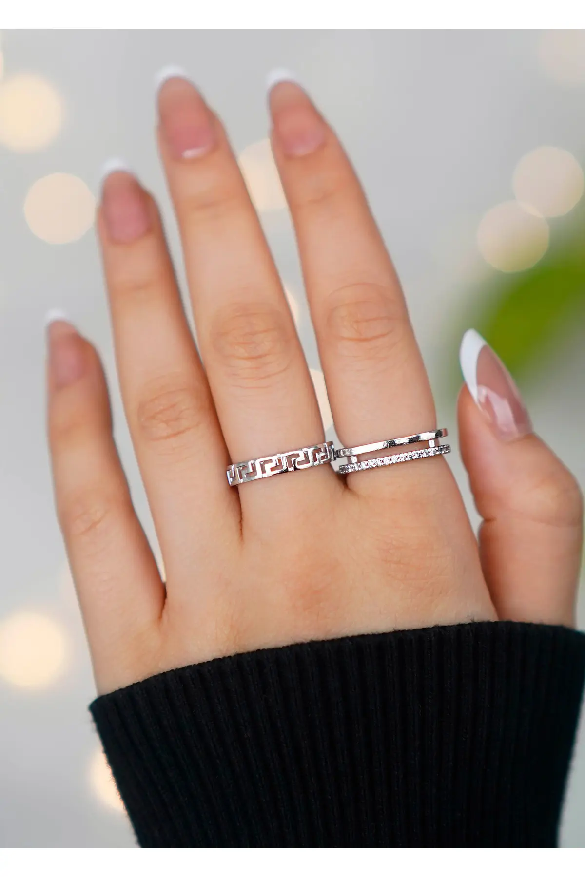 The Collection Set of 2 Zircon Stone Waterway Double and Labyrinth Model Silver Adjustable Women's Rings (2 RINGS)