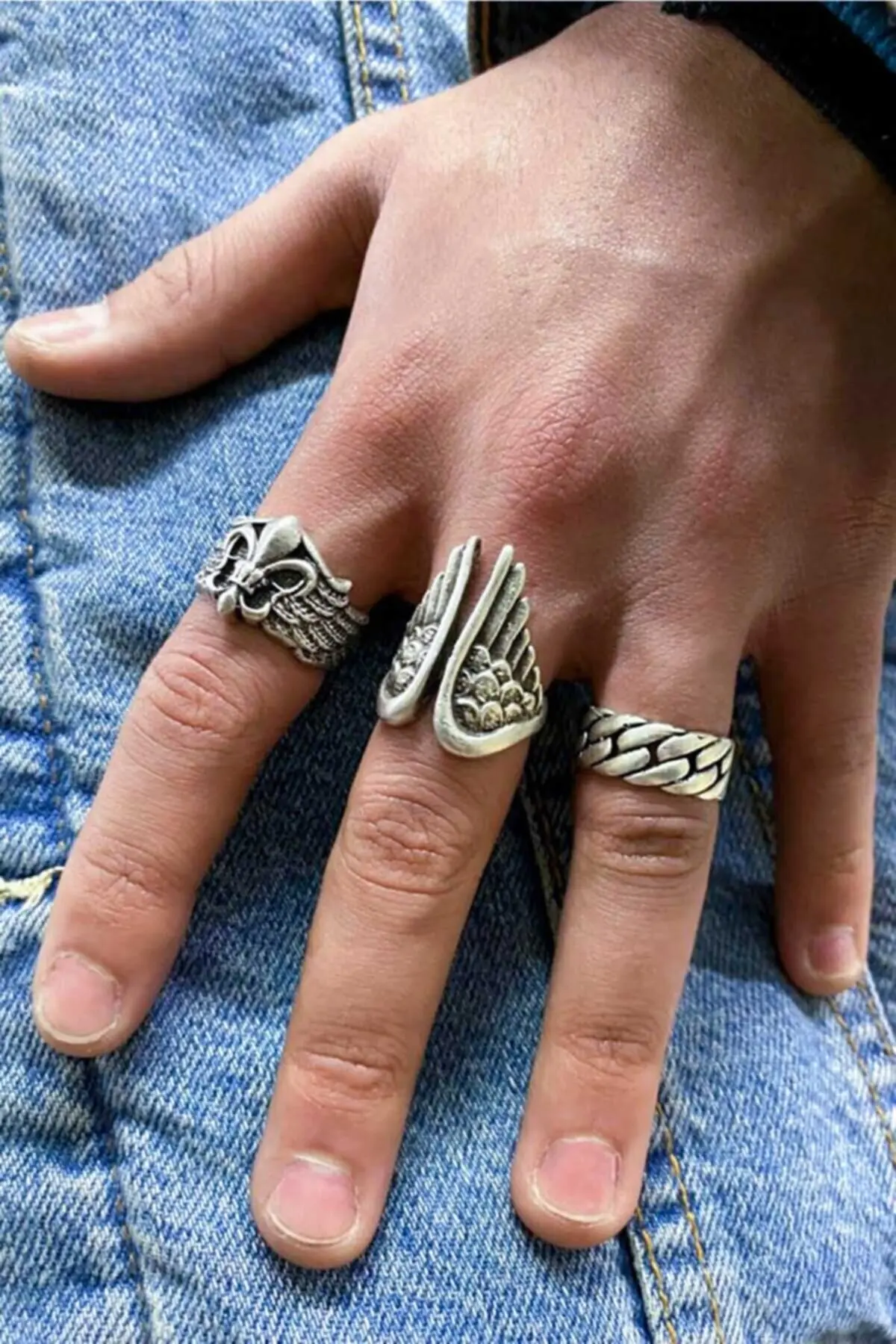 The Collection Set of 3 Florence Wing Chain Silver Plated Adjustable Rings