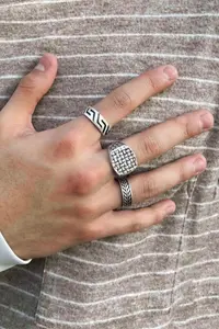 The Collection Set of 3 Caesar Crown Antique Wicker Pattern Model Silver Plated Adjustable Rings