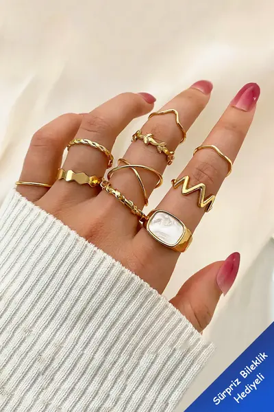 The Collection 10 Pack Kombin Eklem Gold Mineli Ring Set