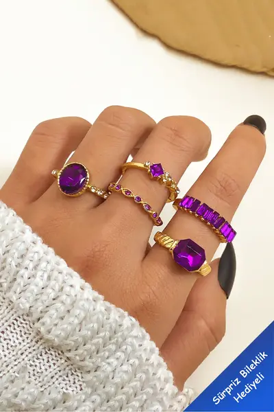 The Collection 5 Sets Kombin Crystal Purple Rocky Model Gold Ring Set