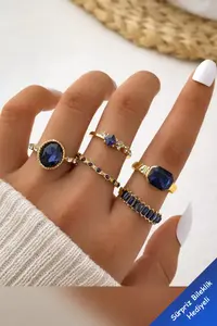 The Collection 5-Piece Combination Crystal Blue Stone Model Gold Ring Set