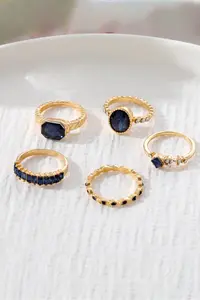 The Collection 5-Piece Combination Crystal Blue Stone Model Gold Ring Set - Image 4