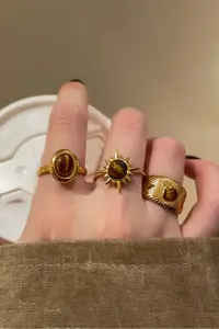 The Collection 3-Piece Combination Brown Stone Gold Vintage Adjustable Ring Set