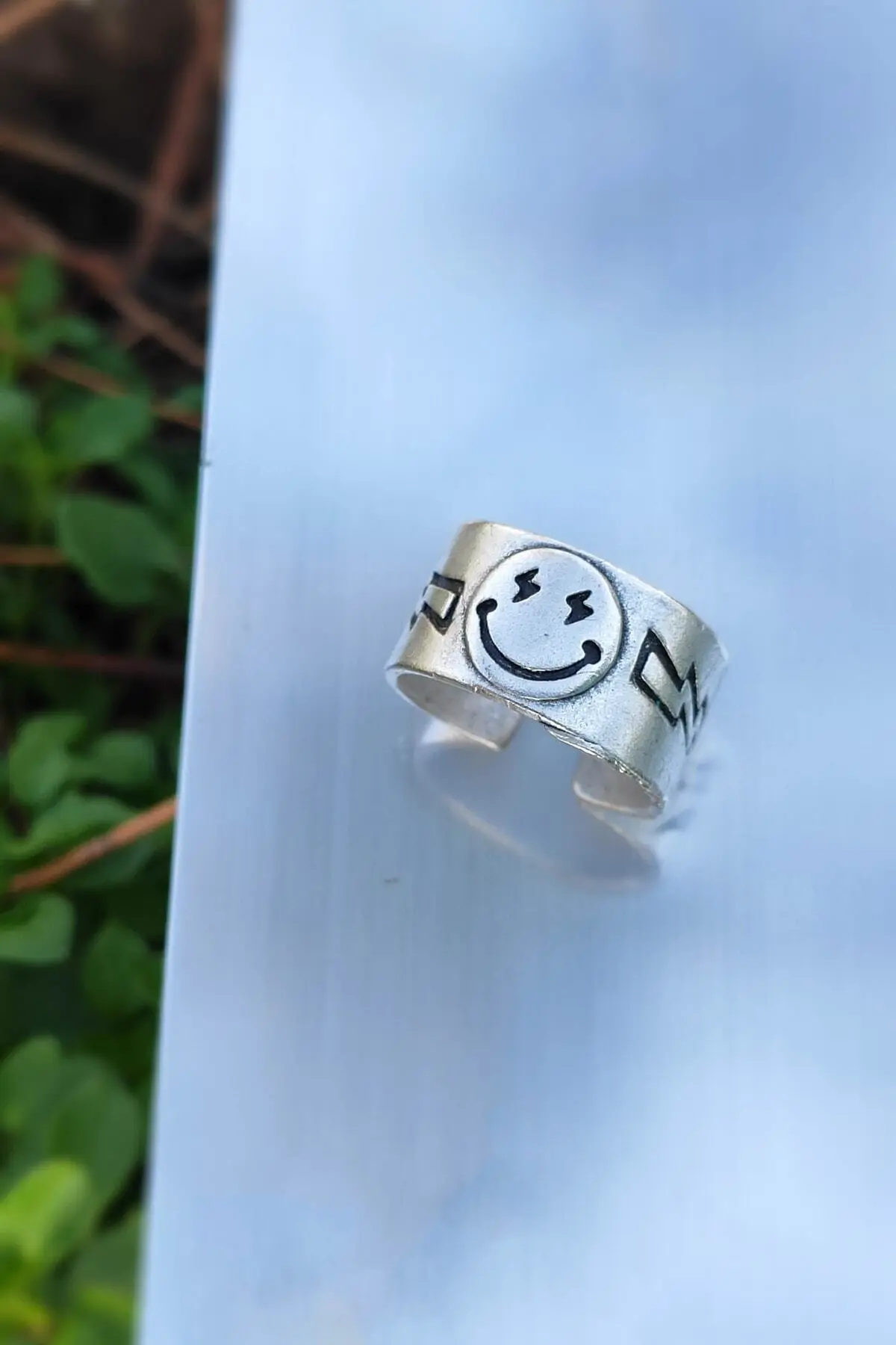 The Collection Antique Silver Plated Smiling Face Lightning Detail Adjustable Ring