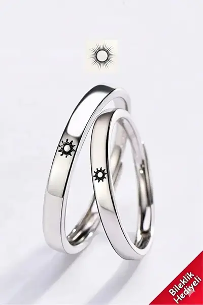 The Collection Güneş Couple Wedding Ring Set of 2 Silver Plated Adjustable Rings