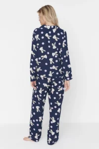 TRENDYOLMiLLA Navy Blue Rabbit Patterned Viscose Woven Pajama Set - Image 6