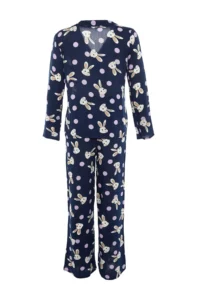 TRENDYOLMiLLA Navy Blue Rabbit Patterned Viscose Woven Pajama Set - Image 9